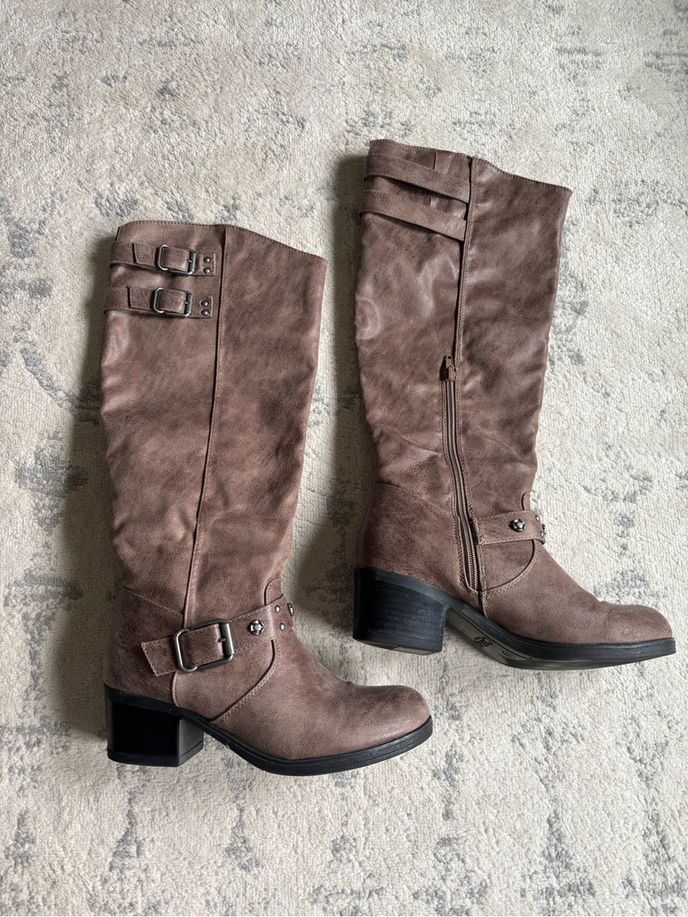 Women’s Taupe Knee-High Buckle Boots - Classic Riding Style